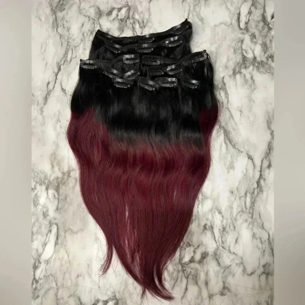 14 In Clip In 100% Human hair Balayage Black with Red Burgundy Straight …